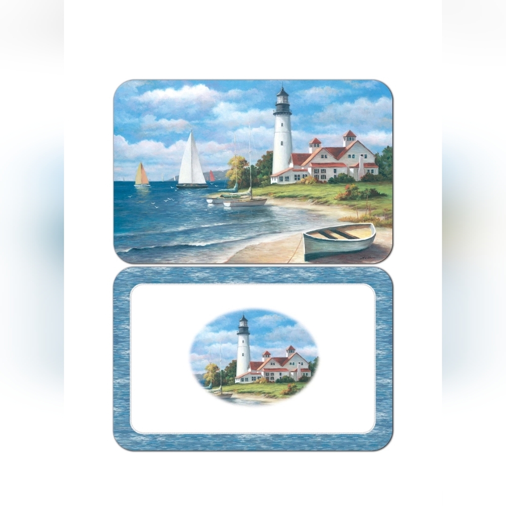 Lighthouse Reversible Microban Placemats Nautical Sailboat Beach Blue Set Of 6